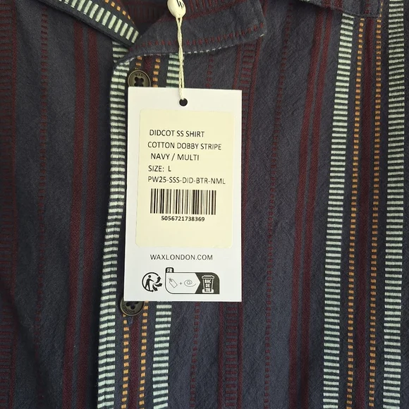 Wax London Men's Navy Dobby Striped Didcot Shirt L 100% Organic cotton NEW
